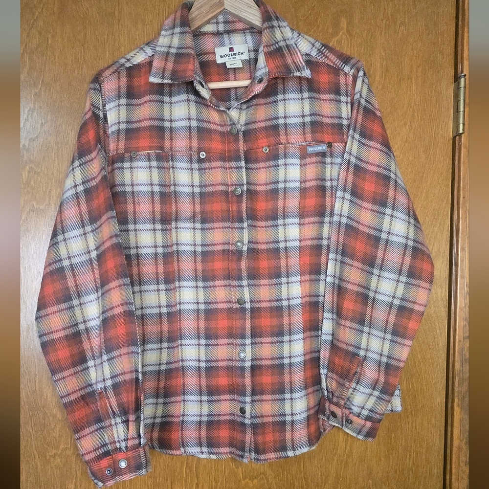 Woolrich Wool Blend Flannel Henna Rust Snap Button Large L Plaid
